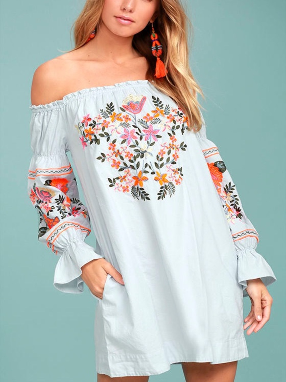 Free People Fleur Du Jour Light Blue Embroidered Mini Dress - SZ Small NWOT